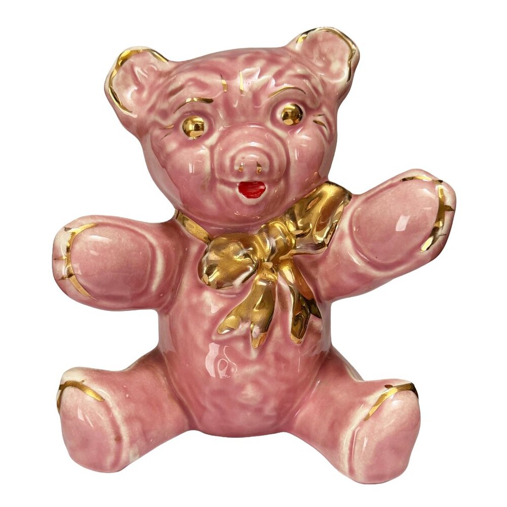 Vintage Pink Teddy Bear Bank with Gold Accents by Pearl China Co. Kitsch